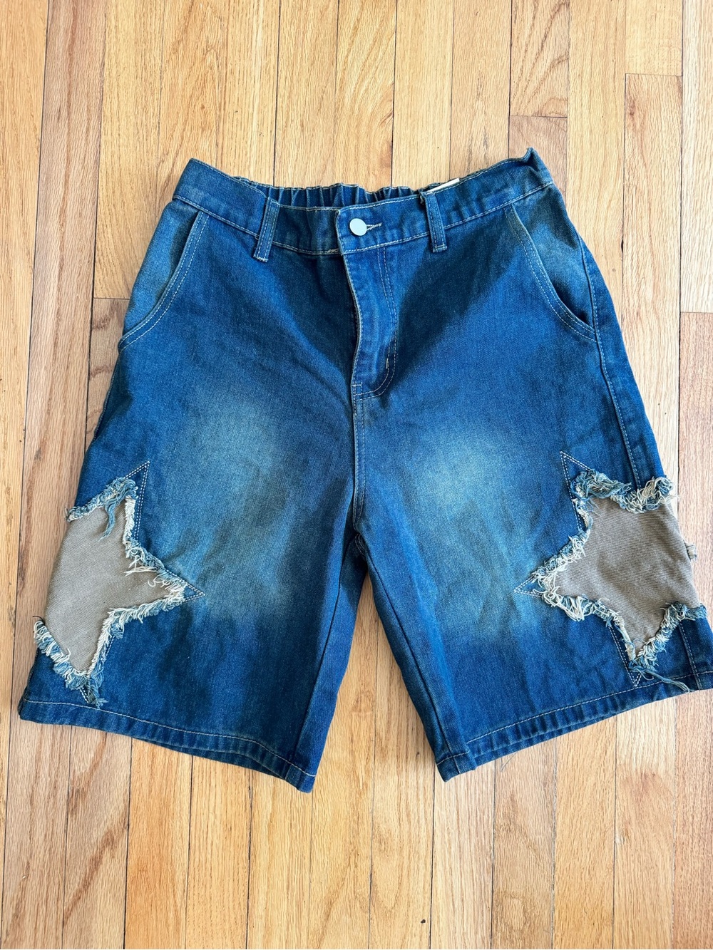 Women’s Dark Blue Denim Jean Shorts with Frayed Light Tan Brown Star Patches